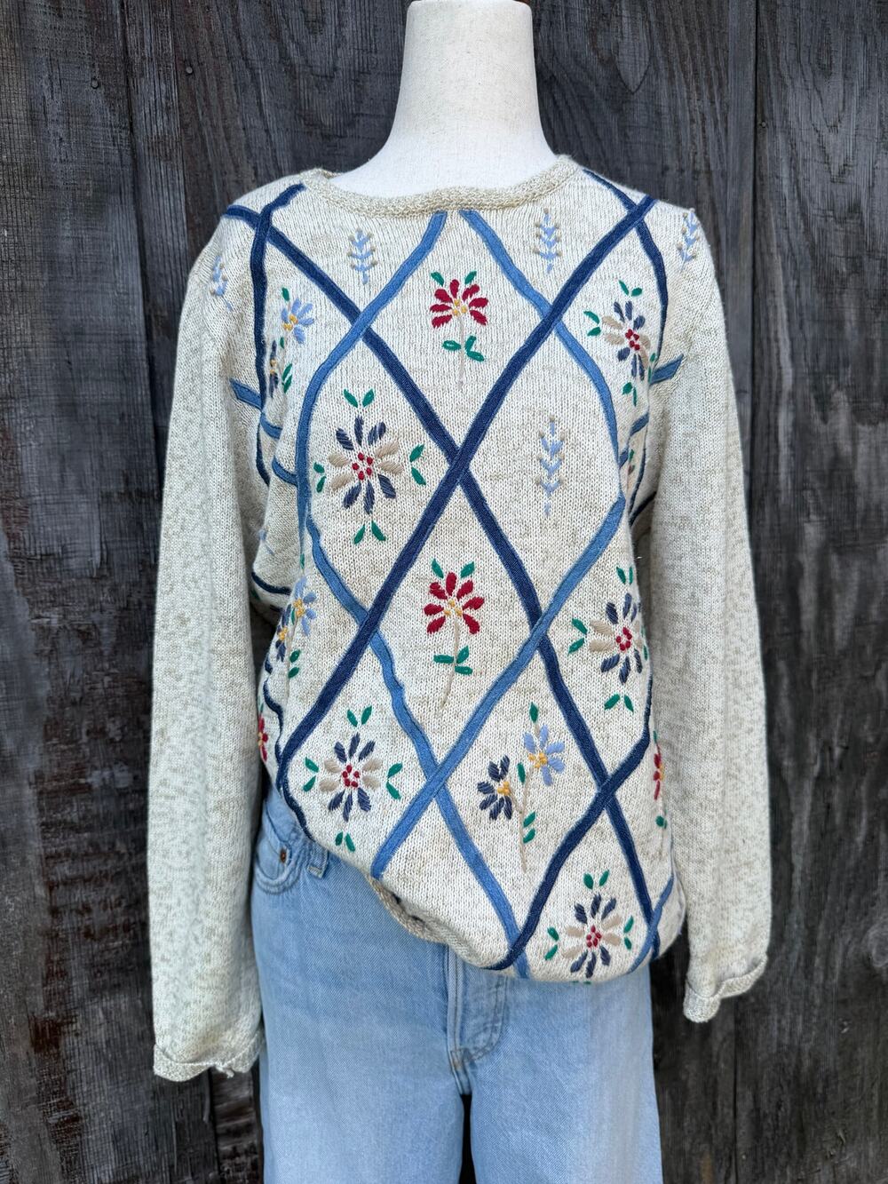 Vintage Embroidered Floral Trellis Knit Sweater, Small